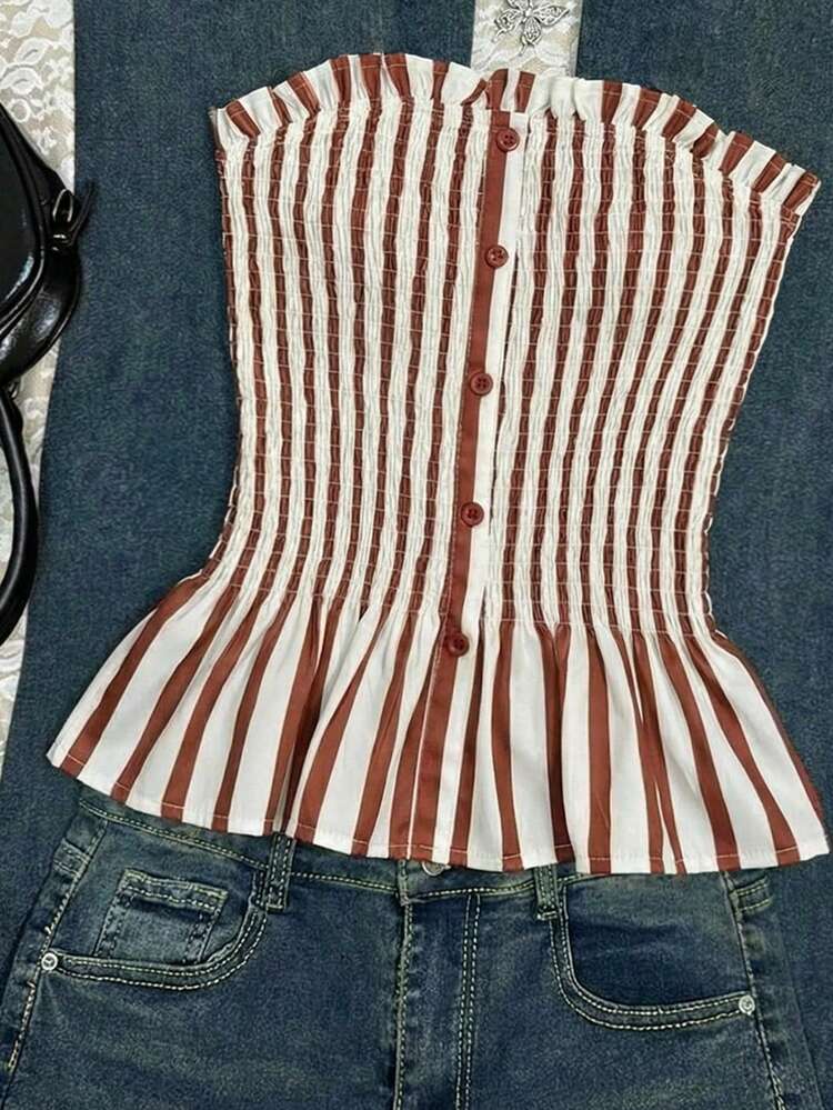 Franclia Women Multicolor Casual Strapless Shirred Regular Sleeve Textured Pattern Top Striped Corset Corset Top Corset Outfits For Women Tops For Women Corset Boned Corset Top Western Outfits For Women Corset Corset Top Dresses Corset Tops For Ladies - Multicolor - View 5