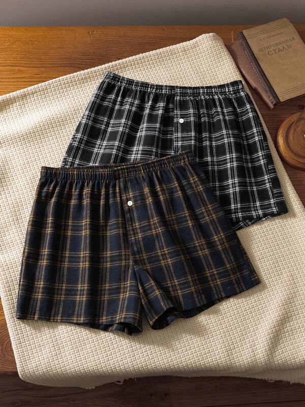 2pcs Men's Plaid Elastic Waist Casual Loose Fit Airy Pants, Summer