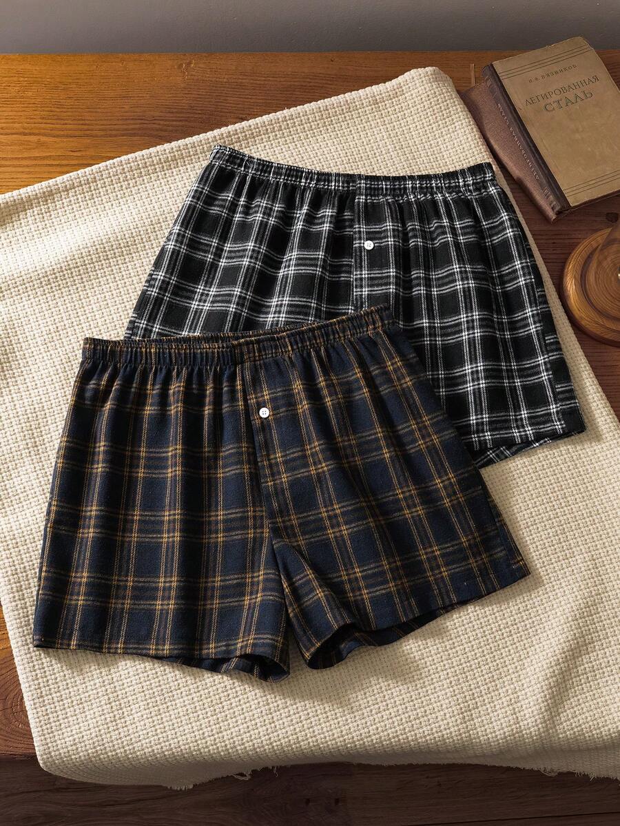 2pcs Men's Plaid Elastic Waist Casual Loose Fit Airy Pants, Summer - Multicolor - View 1