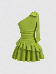 Sweetra Y2K性感不对称肩部度假风褶皱雪纺连衣裙 - 綠色 - 查看 2