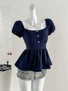 Sweetra Elegant Ruffled Collar Lace-Up Puff Sleeve Blouse, Versatile Design For Early Spring, Feminine Style - Navy Blue - View 5