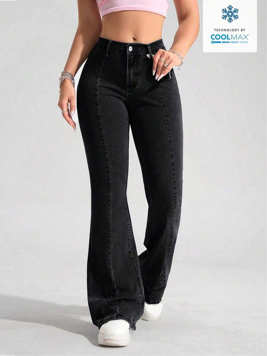 SHEIN PETITE Quần jean denim nữ màu trơn dáng ôm, cạp trung bình, kiểu dáng thường ngày. - màu đen - Xem 1