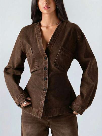 LYSMO Women's Solid Color Casual Long Sleeve Denim Blouse