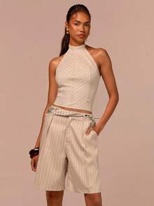 COSMINA 露背系带上衣和短裤套装，条纹两件套，优雅OL套装，杏色，适合办公室、街头风格，时尚搭配套装，夏季女装 - 杏色 - 查看 2