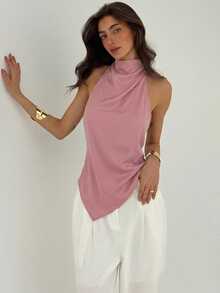 Aloruh 女士时尚纯色不对称下摆露背吊带上衣 - 藕粉色 - 查看 4