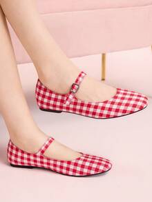 CUCCOO DOLLMOD Round Toe Comfortable Pink Bow Fashionable And Elegant Women's Flat Shoes Spring Shoes Spring Break Easter Valentine's Day - Big red white plaid - View 1
