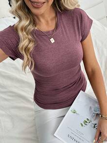 Louniche Casual Red Textured Pattern Ruched Short Sleeve T-Shirt For Women - Red - View 6
