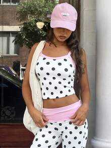MainGRL 2件套 活力青春美式休闲运动风女童黑色波点粉色滚边撞色装饰吊带背心和阔腰喇叭裤，春夏款 - 彩色 - 查看 3