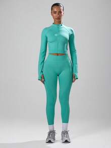 Musera Sport Stitched Seam Detail Cropped Long Sleeve Full Zip Top Jacket , Padel, Tennis, Pickleball Gym Fitness Winter - Mint Green - View 5