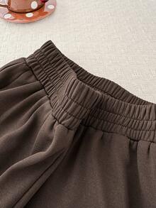 Sweetra Women's New Spring/Summer Casual, Work, Commute, Picnic Solid Brown Side Seam Ruffle Bow Design Collegiate Style Cute & Versatile Women Pants - Coffee Brown - View 3