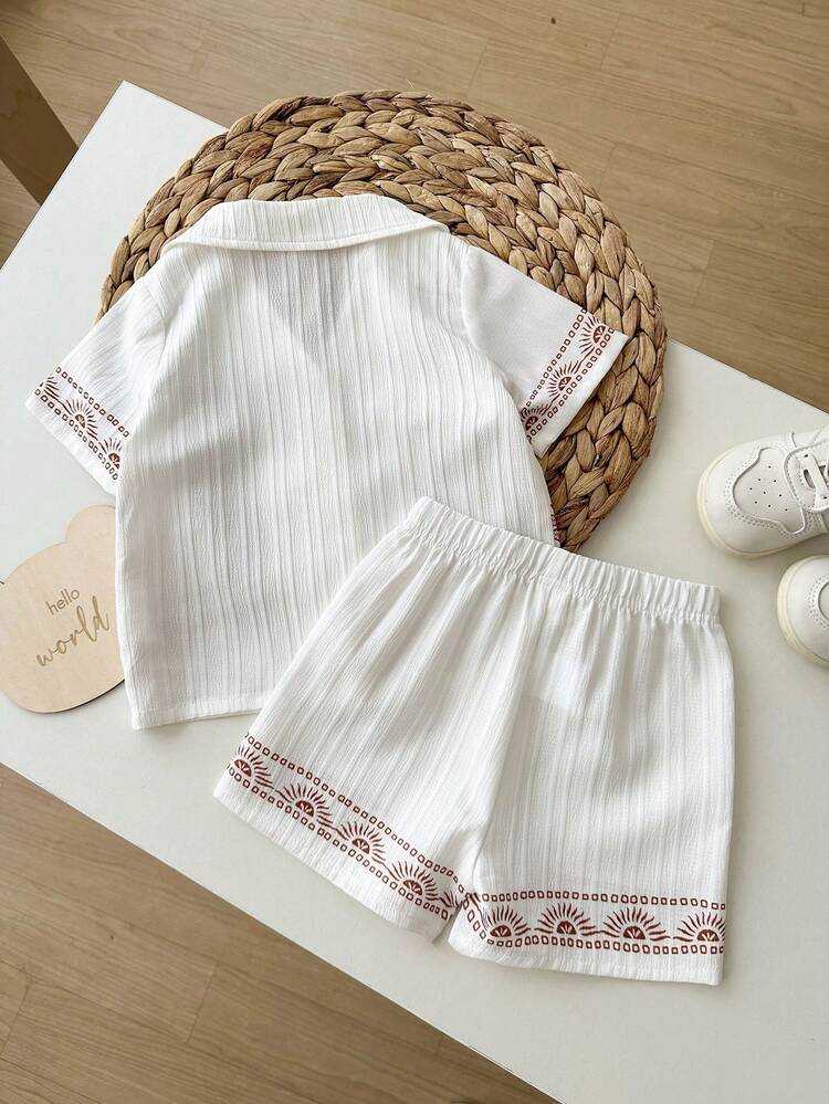 Playful Pals Baby Boy Geometric Pattern Patchwork Collar Short Sleeve Shirt And Shorts Set - White - View 2