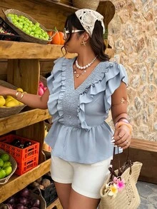 Weeklong 大码女式荷叶边下摆甜美风衬衫，春夏款 - 霧霾藍 - 查看 5