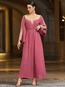 Layrah 西瓜粉色蕾丝镂空装饰金属腰带阿拉伯风格连衣裙 - 粉色 - 查看 3