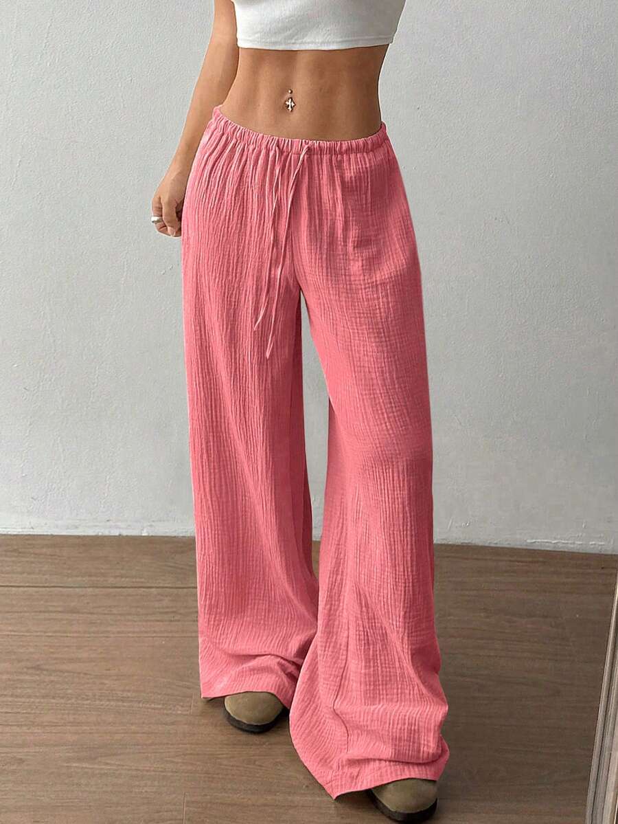 FavEase 2026夏季新款柔软棉纱休闲宽松直筒裤，低腰纯色设计，适合日常穿着和约会。 - 粉色 - 查看 1