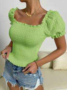 Breezaya 女士休闲纯色泡泡袖衬衫，夏季 - 青檸色 - 查看 6