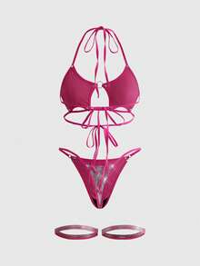 ROMWE Grunge Punk 4件套暗黑朋克音乐节明星系带文胸、丁字裤、吊袜带性感内衣套装 - 粉色 - 查看 2