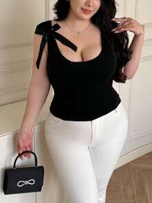 Vibekara 加大码性感黑色蝴蝶结露背吊带衫 - 黑色 - 查看 6