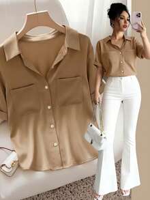 Franclia 女士法式优雅简约梭织Polo领衬衫，优雅女式上衣，休闲服饰，夏季百搭经典配色，时尚休闲通勤装，商务办公装，百搭时尚日常休闲装，都市教师职业装 - 駝色 - 查看 1