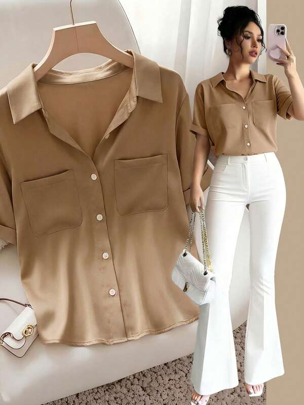 Franclia Women's French-Style Elegant And Simple Woven Polo Collar Shirt, Elegant Women's Top, Casual Wear, Summer, Classic And Versatile Color New Shirt Fashionable Casual Commuter Wear, Business Office Wear, Versatile And Stylish Everyday Casual Wear, Urban Teacher's Professional Attire