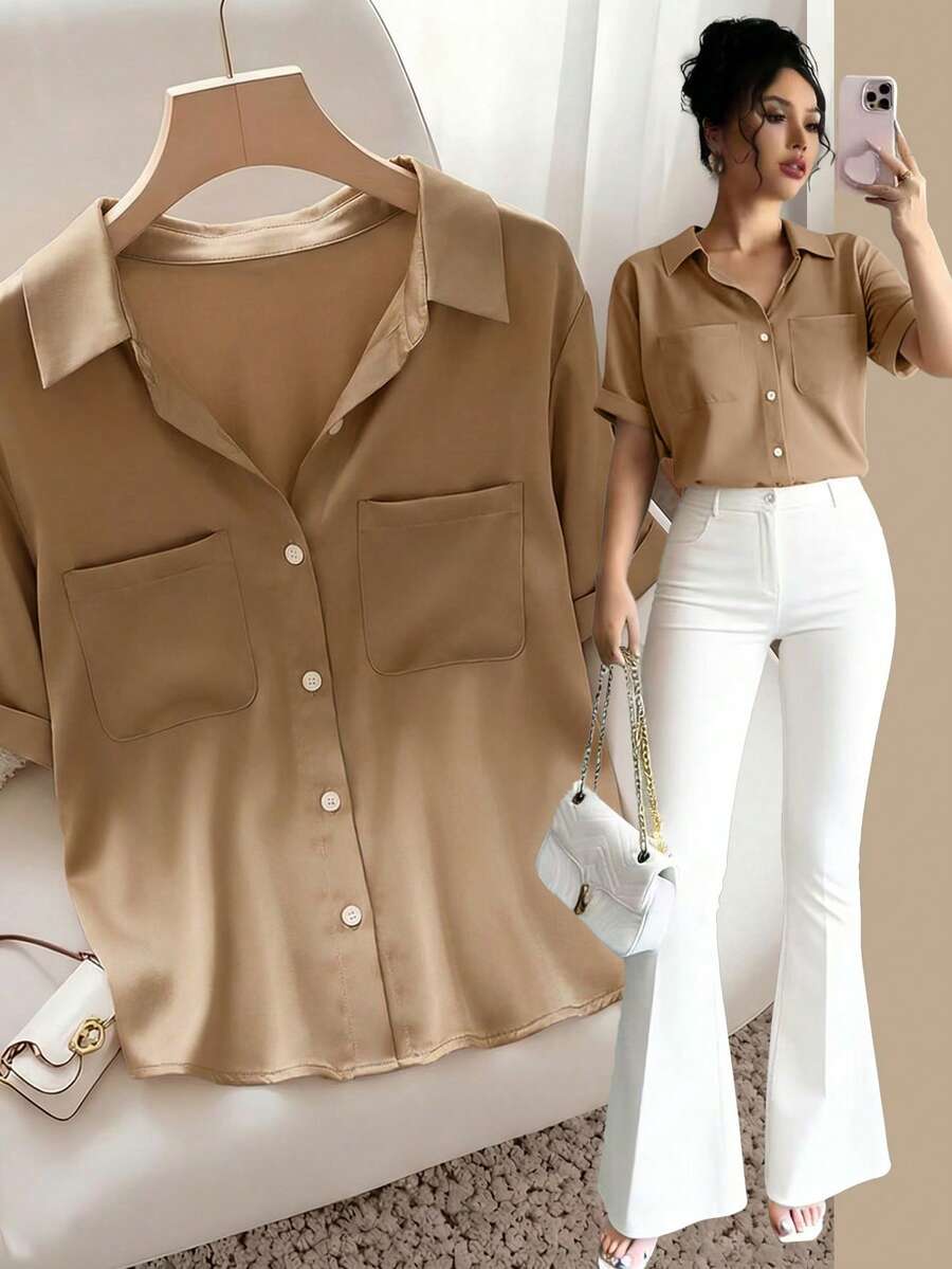 Franclia 女士法式优雅简约梭织Polo领衬衫，优雅女式上衣，休闲服饰，夏季百搭经典配色，时尚休闲通勤装，商务办公装，百搭时尚日常休闲装，都市教师职业装 - 駝色 - 查看 1