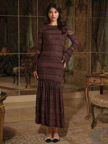 Enchnt 女士圆领喇叭袖蕾丝修身优雅连衣裙 - 棕色 - 查看 8