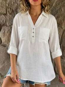 EMERY ROSE Plus Size Women White Long Sleeve Button-Up Shirt - White - View 1