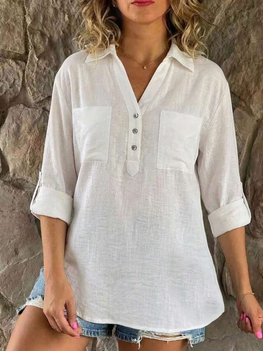 EMERY ROSE Plus Size Women White Long Sleeve Button-Up Shirt - White - View 1