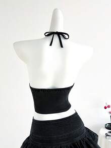 Elamini 女士时尚性感撞色蕾丝吊带牛仔上衣，夏季 - 灰色 - 查看 2