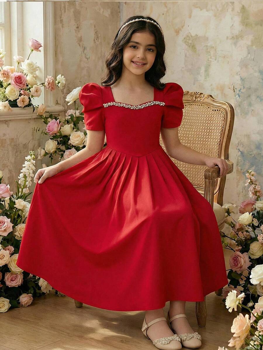 SHEIN 少女甜心领装饰泡泡袖优雅修身连衣裙 - 黑色 - 查看 1