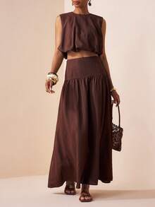 Zivah 2026春季新款深棕色无袖圆领荷叶边下摆上衣和A字中长裙套装（2件套） - 咖啡棕 - 查看 2