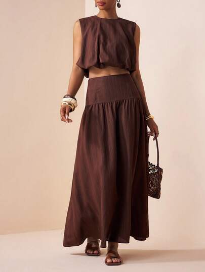 Zivah 2026春季新款深棕色无袖圆领荷叶边下摆上衣和A字中长裙套装（2件套）