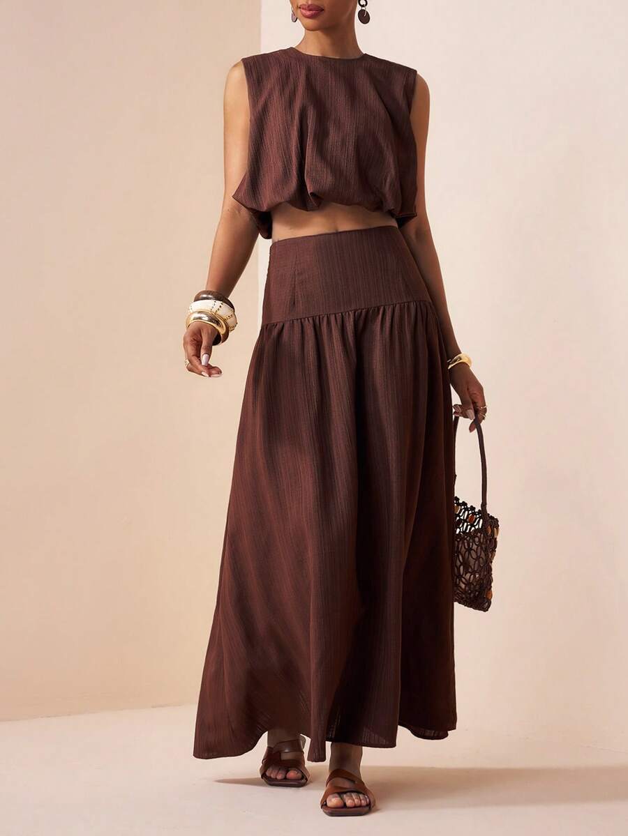 Zivah 2026春季新款深棕色无袖圆领荷叶边下摆上衣和A字中长裙套装（2件套）