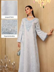 Al Najma 提花纹理串珠领优雅宽松长袖连衣裙 - 藍色 - 查看 1