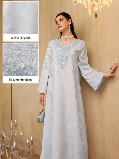 Al Najma 提花纹理串珠领优雅宽松长袖连衣裙