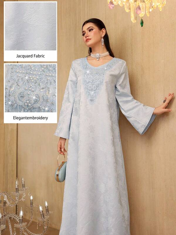 Al Najma رمضان فستان طويل الأكمام فضفاض أنيق مزين بياقة مطرزة بالخرز ذات نسيج جاكار مزخرف
