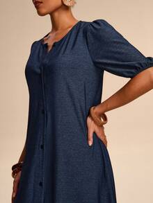 Breezaya Women's Denim Effect Fabric Open Front Split Hem Design Elegant Minimalist Blue Long Sleeve Dress - Blue - View 2