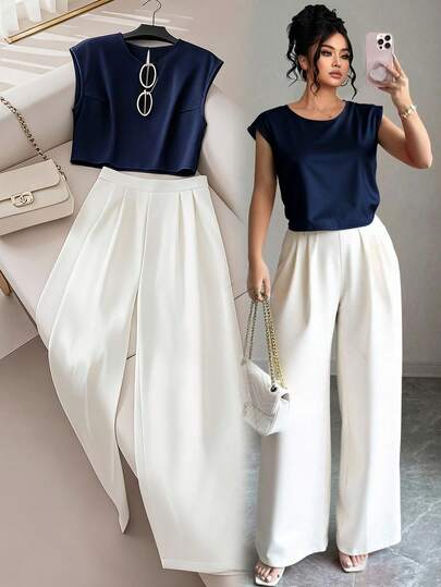 GlowEve CURVE Conjunto de 2 piezas de mujer de talla grande con top sin mangas de cuello redondo y pantalones de pierna ancha, de estilo retro francés, elegante y casual