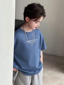 Dazy Kids Áo thun ngắn tay cổ tròn in chữ cho bé trai tuổi teen, kiểu dáng thường ngày, đa năng, thích hợp mặc mùa hè. - Màu xanh lam - Xem 5