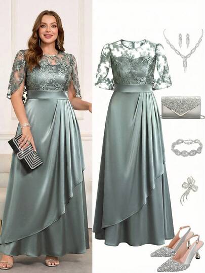 Ellevyn Vestido plisado con parches, bordados y malla en la cintura para mujer de talla grande