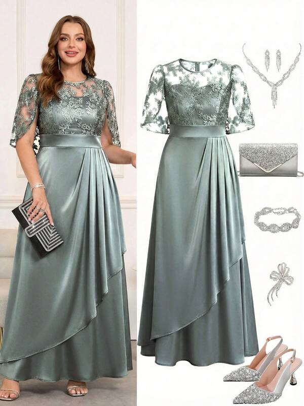 Ellevyn Vestido plisado con parches, bordados y malla en la cintura para mujer de talla grande