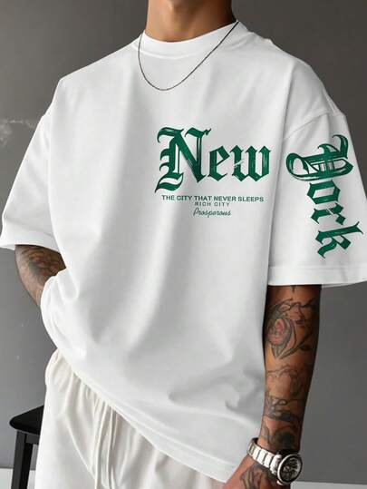 Manfinity EMRG Men's Letter Print White Crew Neck Casual Short Sleeve T-Shirt