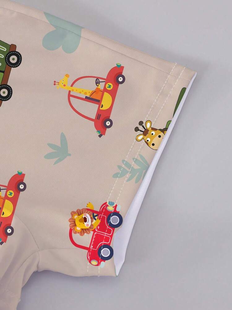 SHEIN Playful Pals 一套婴儿男童休闲卡通汽车动物印花T恤和短裤套装，短袖上衣印有车辆和动物图案，可爱日常玩耍装，春夏款 - 彩色 - 查看 7