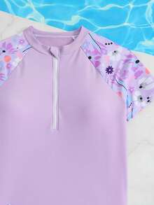 SHEIN 少女比基尼套装，紫色短袖上衣和短裤两件式泳装，时尚休闲优雅，适合少女游泳、夏季度假、海滩和泳池穿着。 - 紫色 - 查看 5