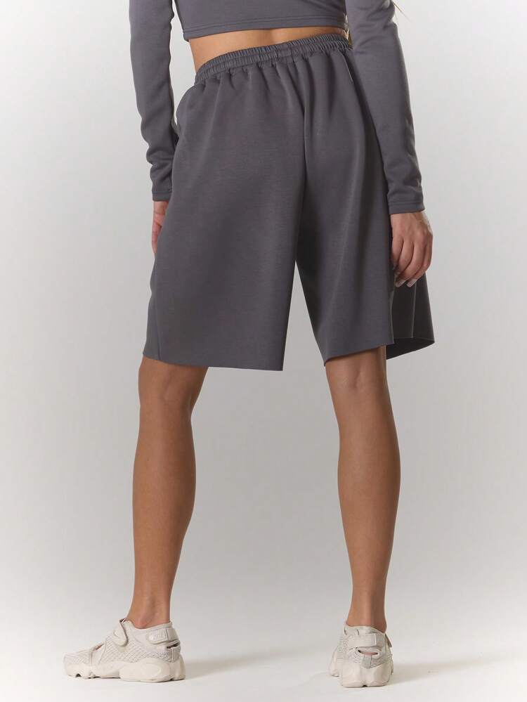 MUSERA Elasticated Tie Waist Longline Jogger Shorts Summer, Sporty, Casual, Day, Streetstyle, Streetwear - Grey - View 5