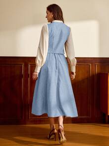 Vintamour 复古经典优雅学院风女式两件套，秋冬缎带领长袖两件套，咖啡色两件套 - 淺藍色 - 查看 2