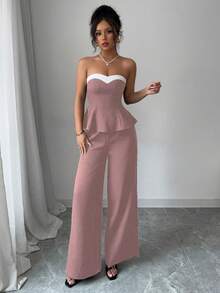 Elenzga 女士优雅两件套：荷叶边抹胸上衣和阔腿裤 - 藕粉色 - 查看 4