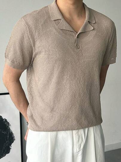 DAZY 男士纯色卡其色V领七分袖针织上衣，夏季