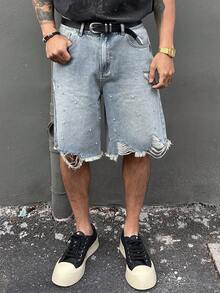 DAZY Men's Distressed Denim Shorts With Rivet Design, Casual Street Style, Summer - Blue - View 7