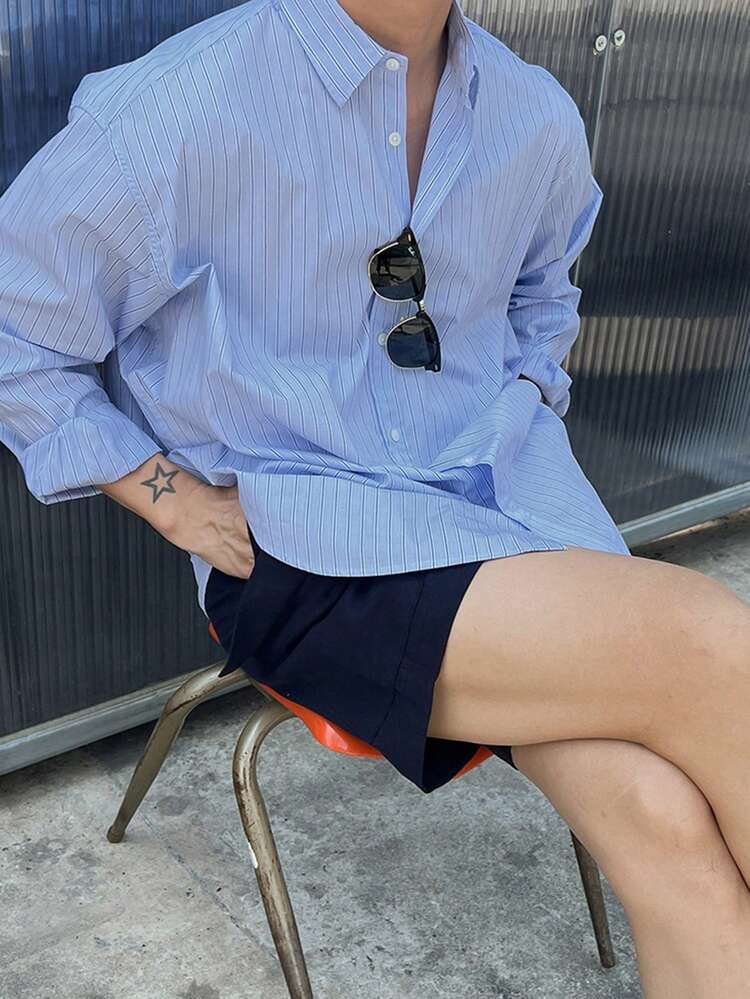 Men's Striped Long Sleeve Shirt And Shorts Set, Summer