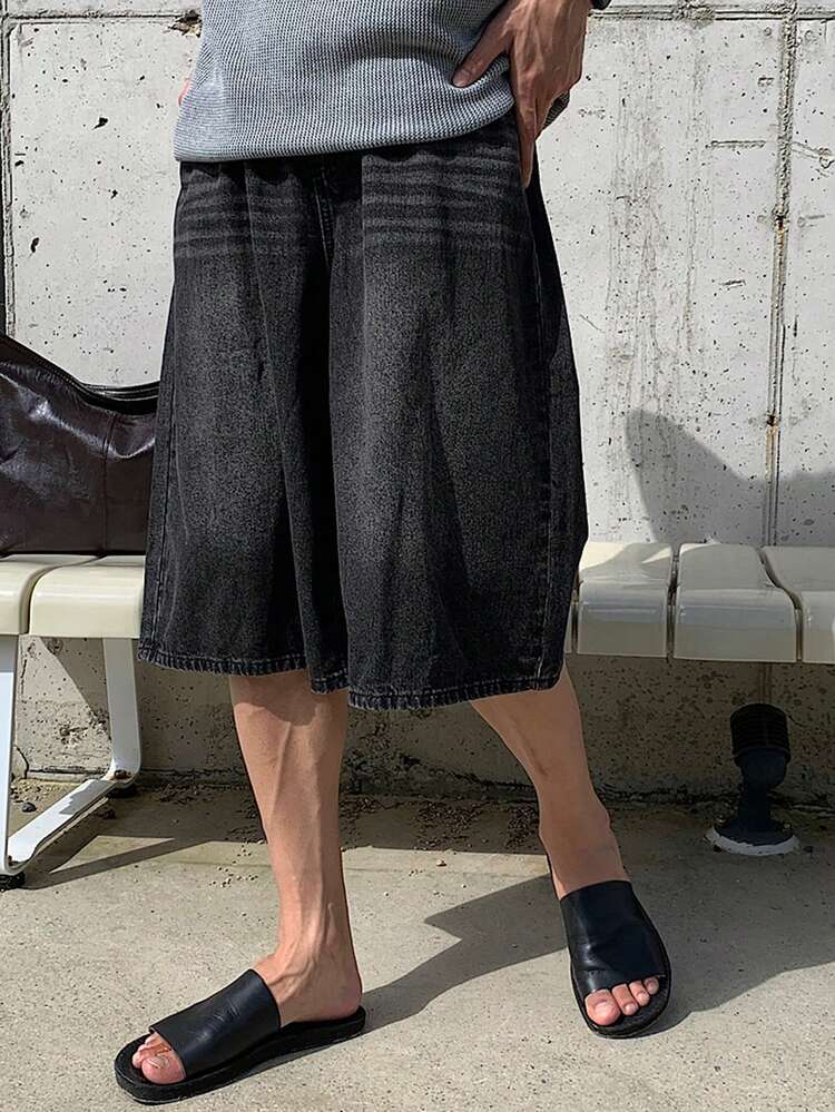 Men's Black Washed Denim Shorts With Belt, Summer